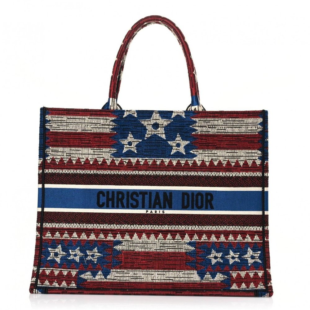 CHRISTIAN DIOR Canvas Embroidered Exclusive US Book Tote Red White Blue